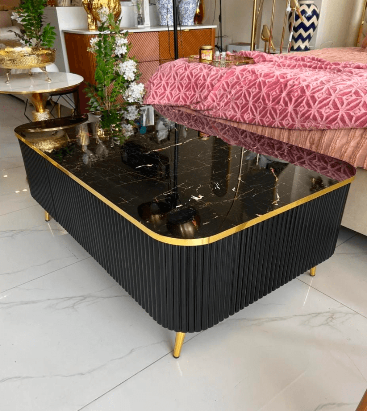 Fluted Black Gold Trim Centre Table