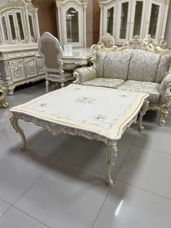 White & Gold Floral Hand-Painted Coffee Table