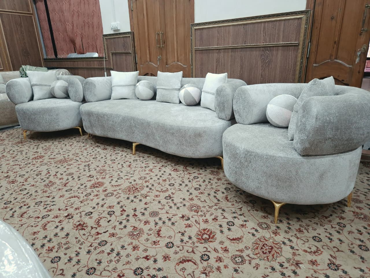 Curved Boucle Grey Turkish Sofa Set