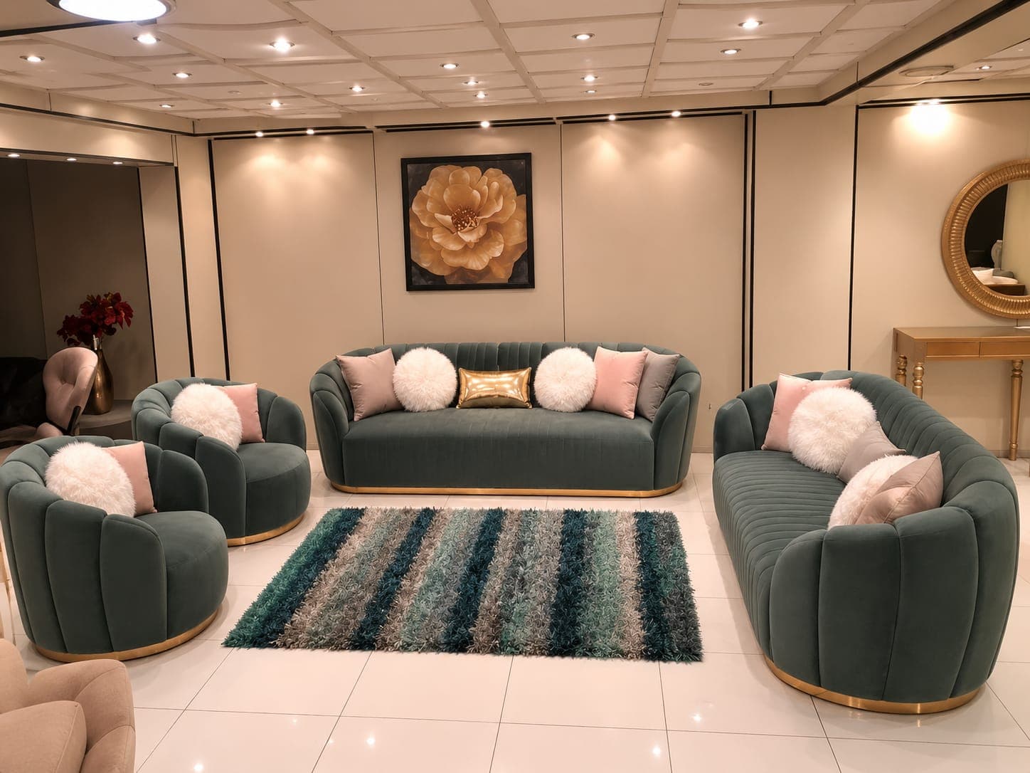 Channel Tufted Green Turkish Sofa Set