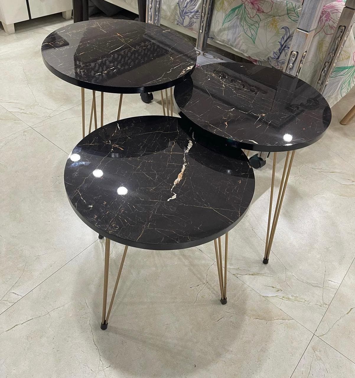 Round Marble Hairpin Leg Nesting Table Set