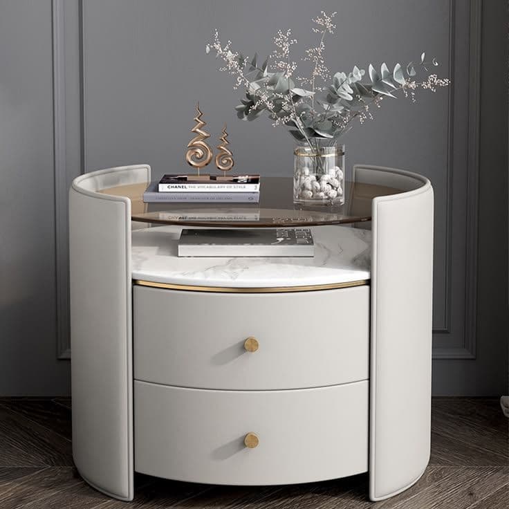 Round Grey Leather Nightstand with Marble & Glass Top