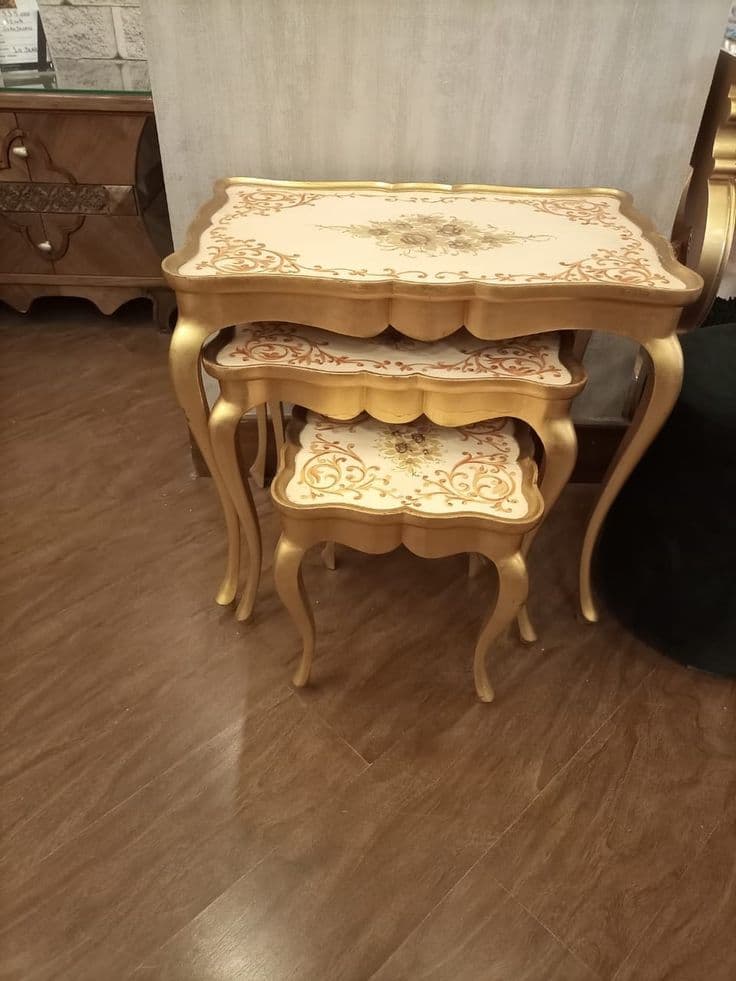 Gold & Ivory Floral Hand-Painted Nesting Tables (Set of 3)