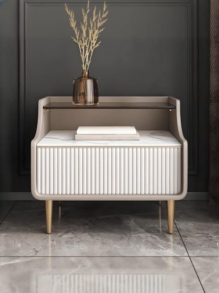 Taupe Curved Nightstand with Fluted Drawer Front