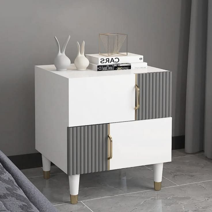 White Nightstand with Fluted Grey Panels
