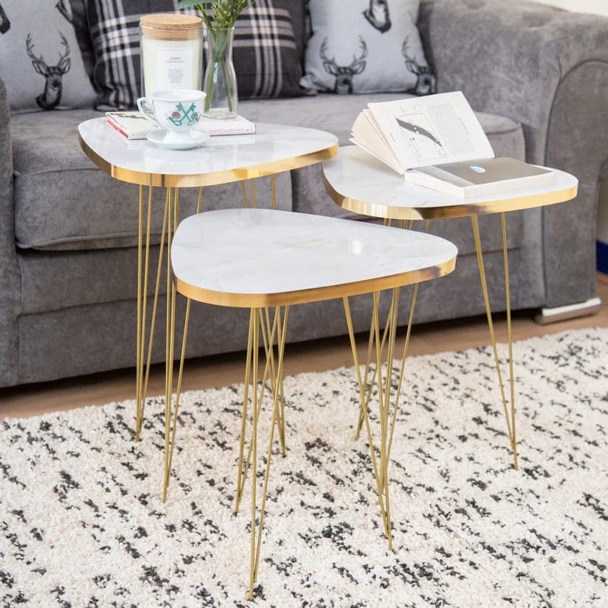 Organic Marble Gold Trim Nesting Table Set