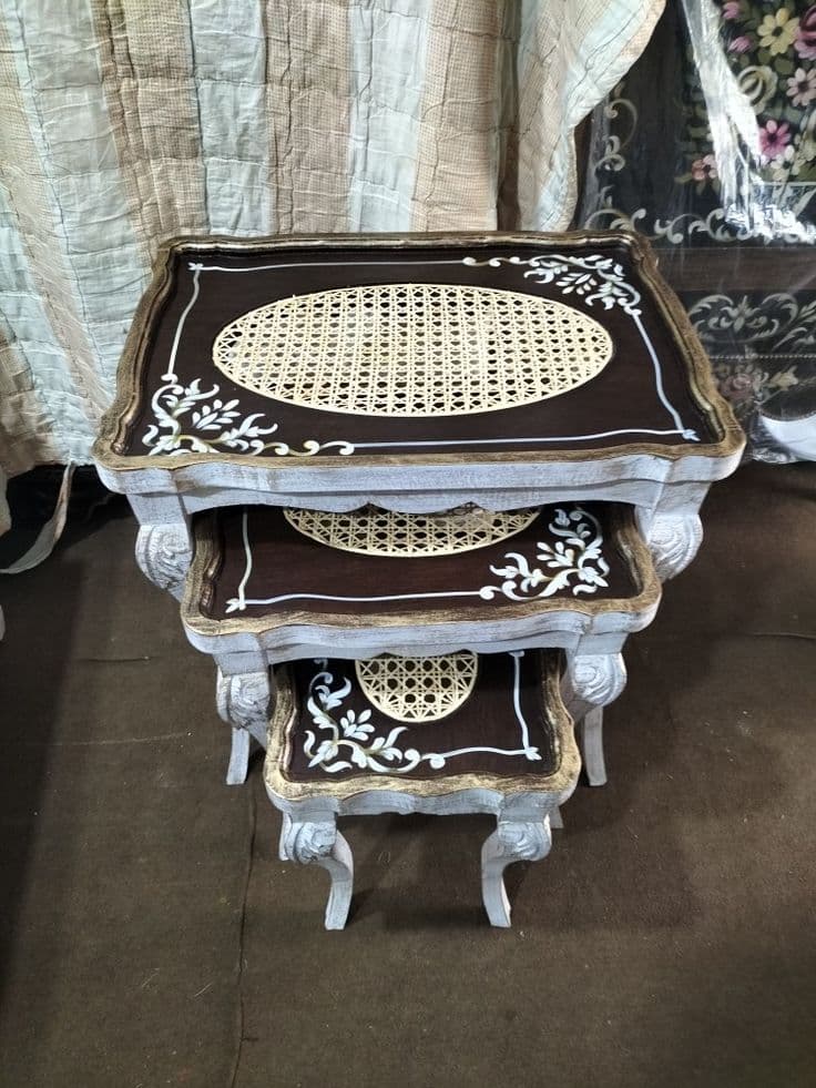 Whitewashed Cane & Floral Nesting Tables (Set of 3)