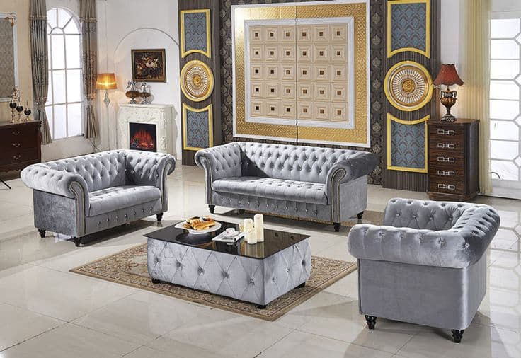 Chesterfield Grey Velvet Victorian Sofa Set