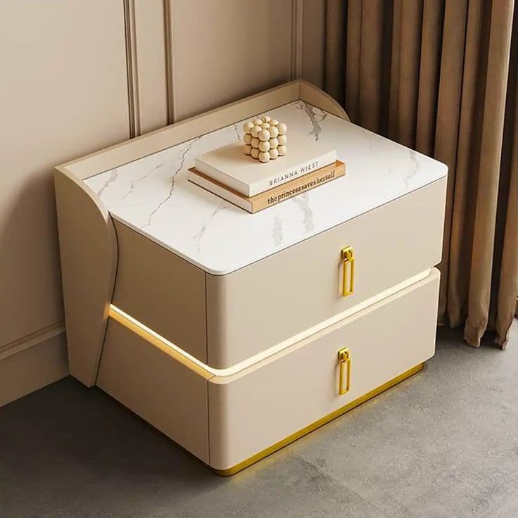 Beige Marble-Top Nightstand with Gold Handles & LED