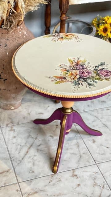Cream & Plum Hand-Painted Round Side Table