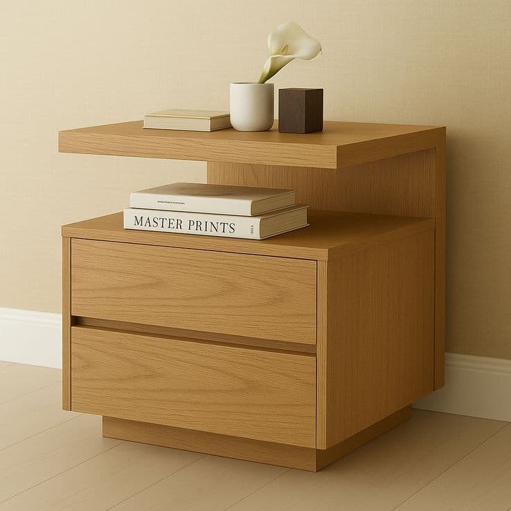 Natural Oak Nightstand with Floating Top Shelf