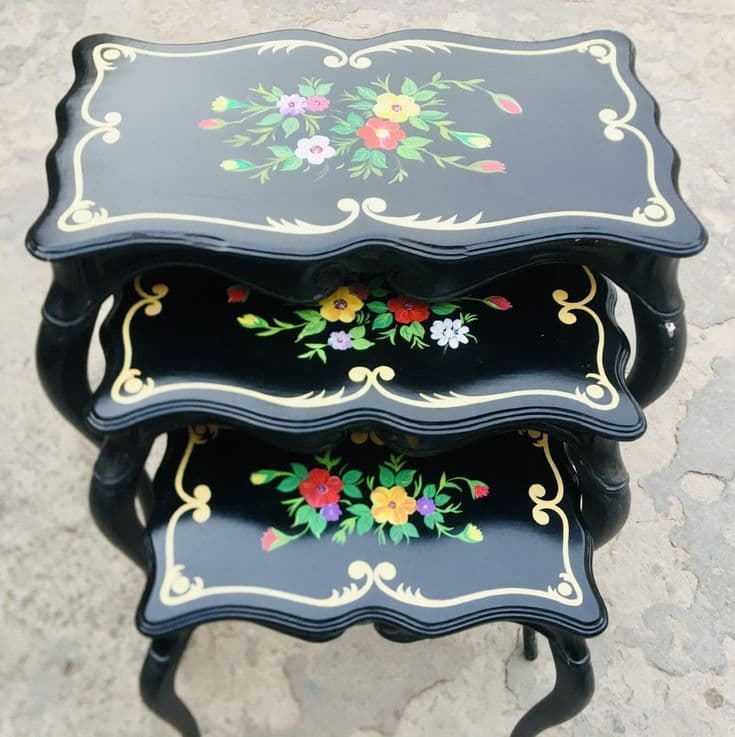 Black Lacquer Floral Hand-Painted Nesting Tables (Set of 3)
