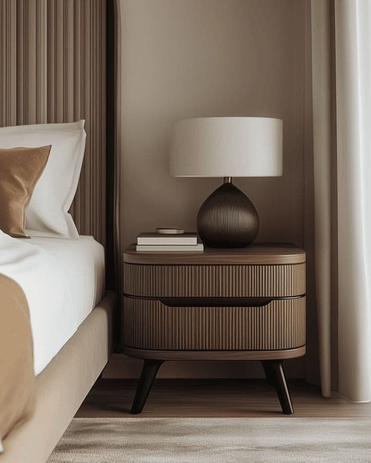 Walnut Wood Nightstand with Fluted Drawers and Tapered Legs