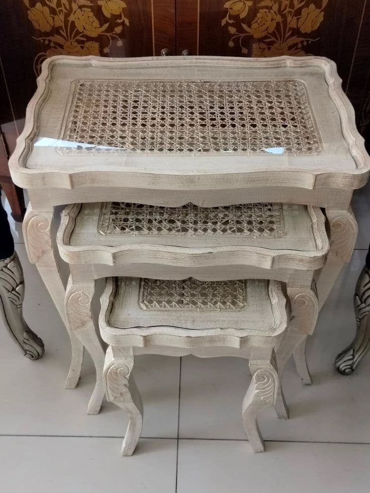 Whitewashed Cane-Top Nesting Tables (Set of 3)