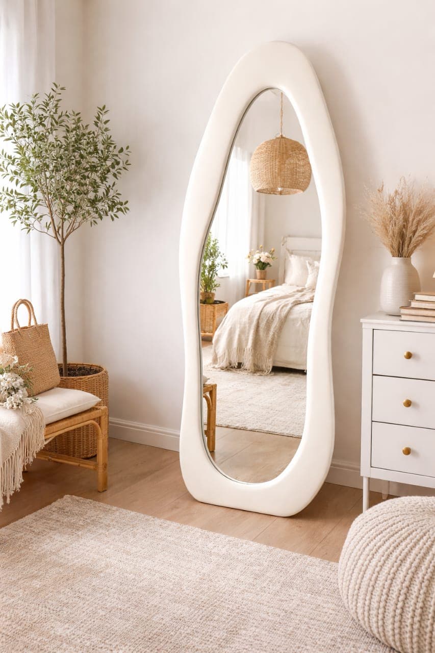 Curved Wave Standing Mirror Ivory