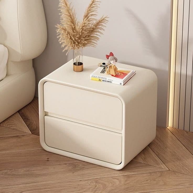 Cream Curved Nightstand with Two Drawers