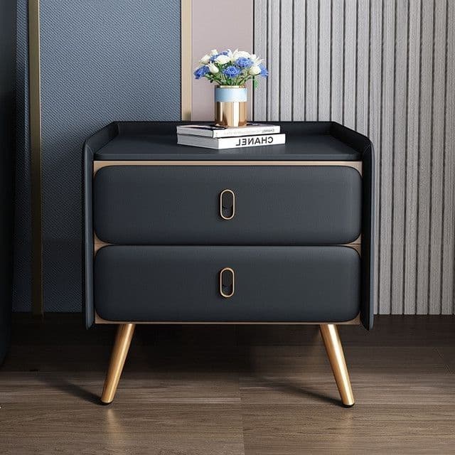 Charcoal Leather Nightstand with Oval Pulls and Gold Legs