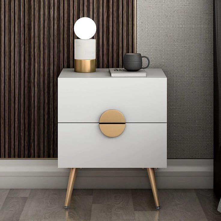White Nightstand with Round Gold Pull and Gold Legs