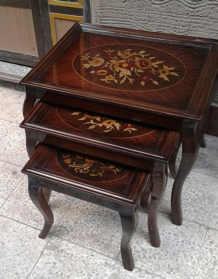 Floral Marquetry Wood Nesting Tables (Set of 3)